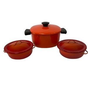 Lot of 3 Small Orange Enamel Pots and Lids Bakeware Iron Metal with Handles
